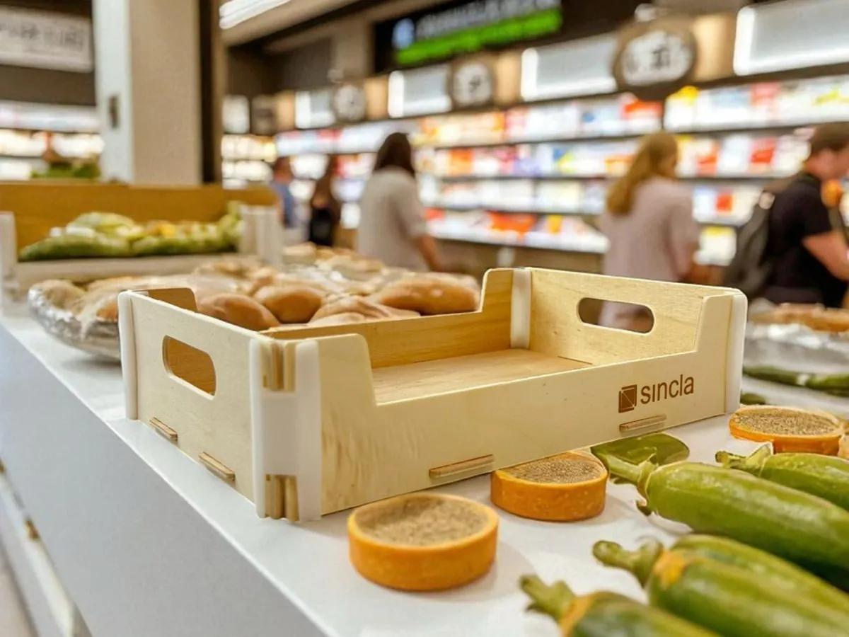 Caja de madera sin tapa con un logotipo impreso en el frente, en el mostrador de fruta y verdura de un supermercado