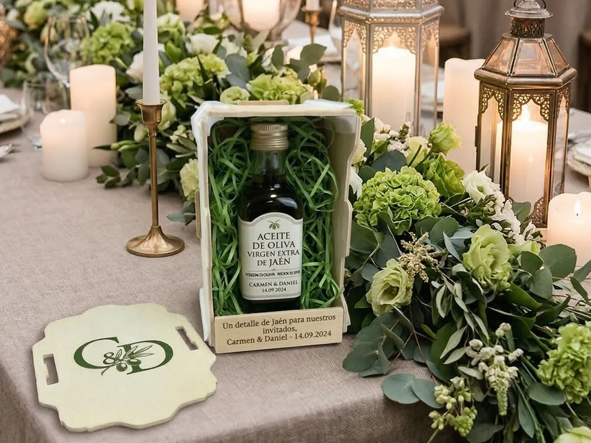 Caja de madera con una botellita de aceite de oliva sobre una mesa de boda con velas y flores, junto a una tapa con las iniciales de los novios