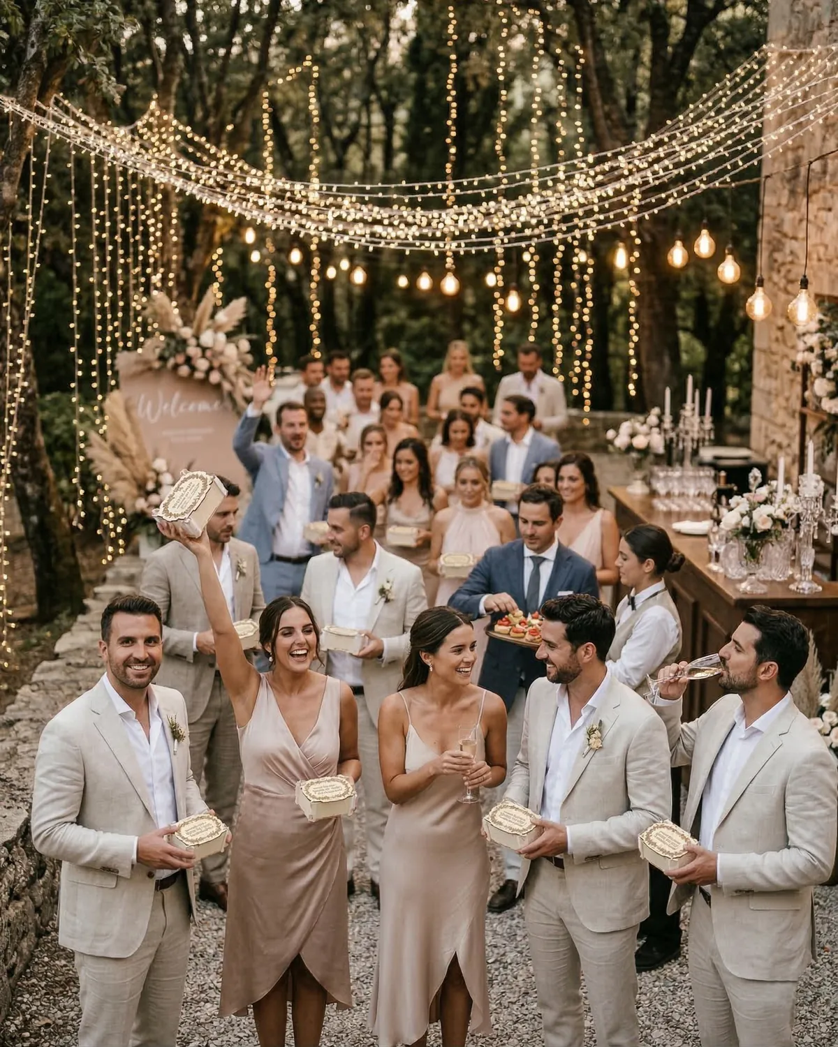 Invitados de una boda al aire libre, bajo guirnaldas de luces, con su cajita de madera en la mano