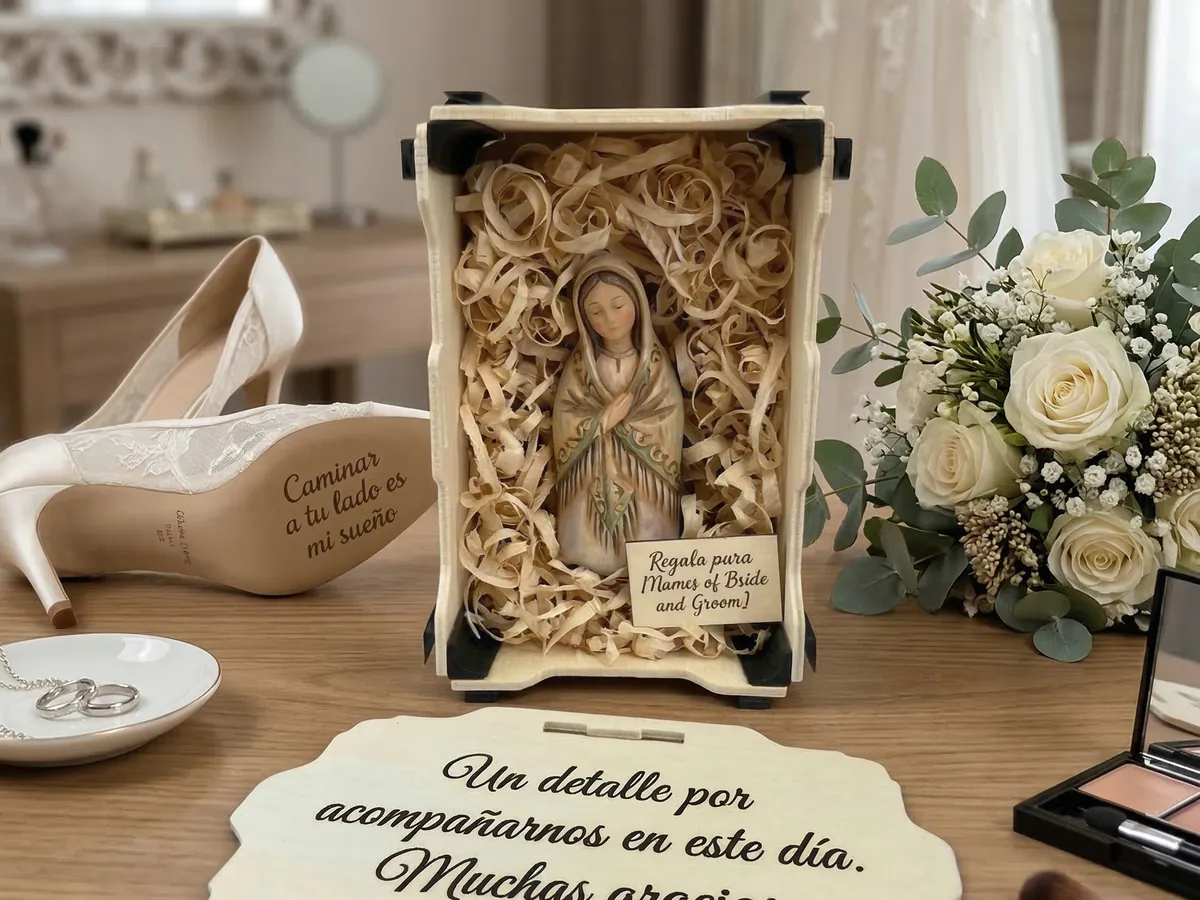 Caja de madera con una figura de la Virgen sobre virutas, junto a un vestido de novia y unos zapatos, y una tapa grabada con «Un detalle por acompañarnos en este día. Muchas gracias»