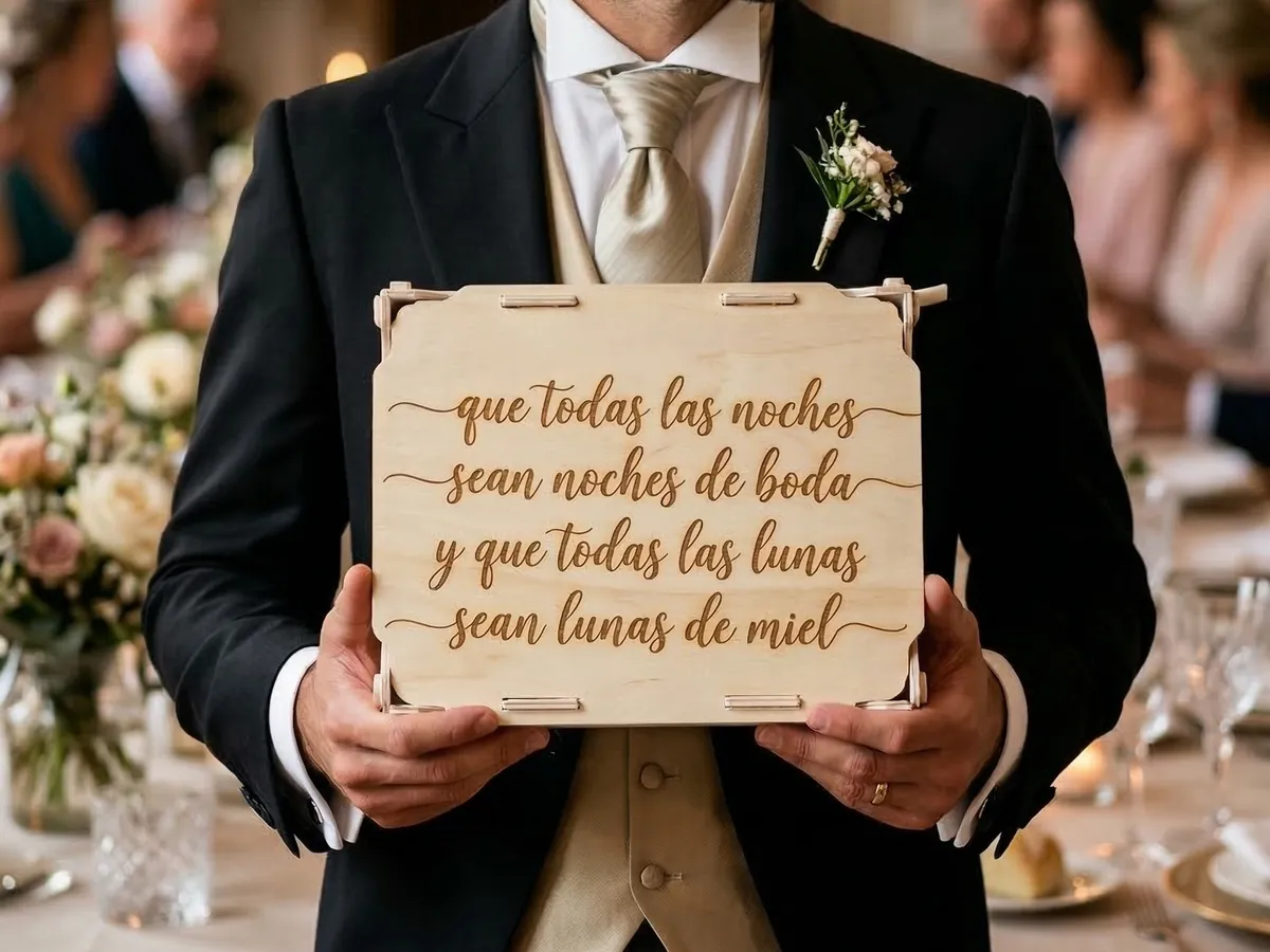 Novio sujetando la tapa de una caja de madera grabada con la frase «que todas las noches sean noches de boda y que todas las lunas sean lunas de miel»